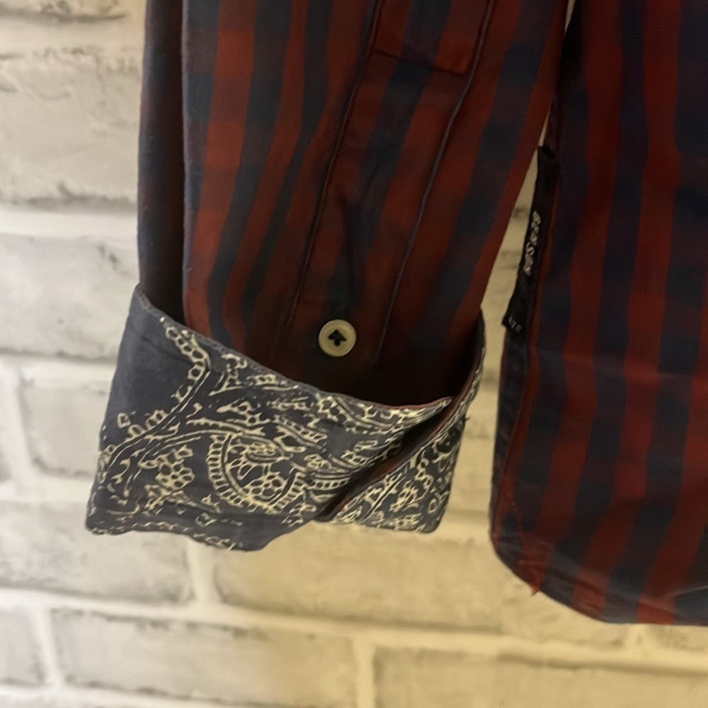 Benson men’s plaid cotton long sleeve dress shirt, size, large, maroon, and blue - Picture 6 of 9